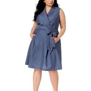ANNE KLEIN 16 CHAMBRAY SLEEVELESS MIDI DRESS BLUE